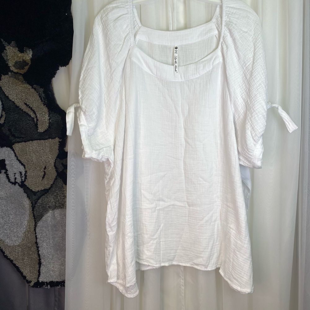 Leo & Nicole White Cotton Gauze Boho Blouse Tie Sleeve Peasant Top 3X